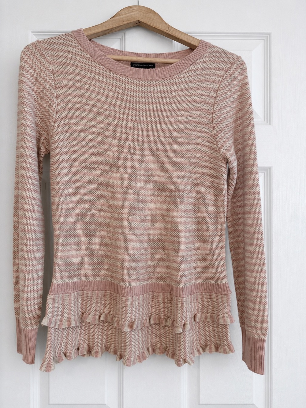 Chelsea & Theodore Blush and Cream Striped Ruffle Hem Sweater